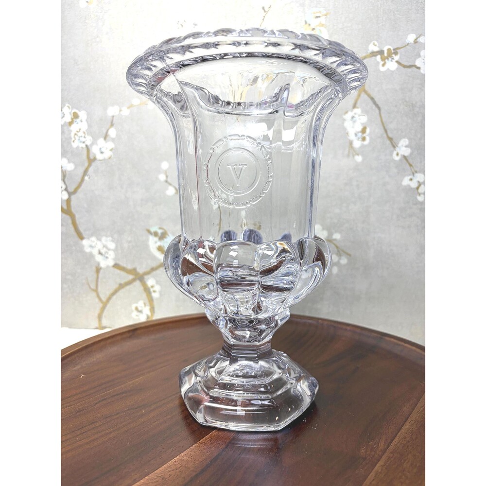 Vintage Summit Glass Co Clear Pressed Glass Urn Vase Monogram V Medallion 9"